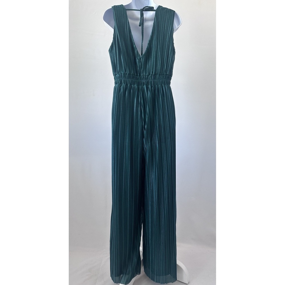 NWT! Francesca's Sz: M Green Plisse Pleated Wide Leg Jumpsuit Elegant Chic - Picture 4 of 8